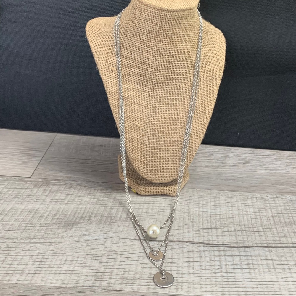 Brighton Silver Tone Triple Layered Pearl and Disk Pendant Necklace 26 Inch